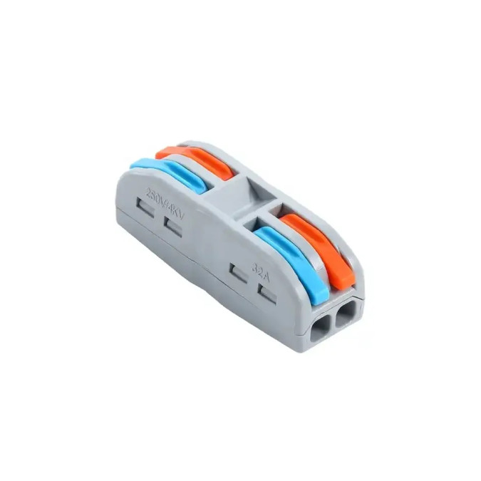 Клема швидкого монтажу MARKSON SPL-2 на 2 проводи (0.08-2.5(4.0)мм²), сіра з блакитним/помаранчевим