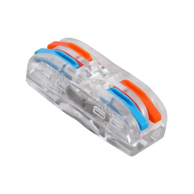 Клема швидкого монтажу MARKSON SPL-2 CL на 2 проводи (0.08-2.5(4.0)мм²), прозора з блакитним/помаранчевим