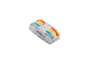 Клема швидкого монтажу MARKSON SPL-3 CL на 3 проводи (0.08-2.5(4.0)мм²), прозора з помаранчевим/жовтим/блакитним
