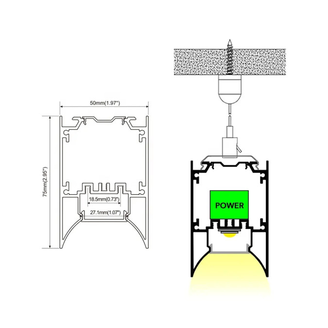 LED профіль KLOODI KLP5075MC_3 з відсіком для блоку та розсіювачем PC, 3м