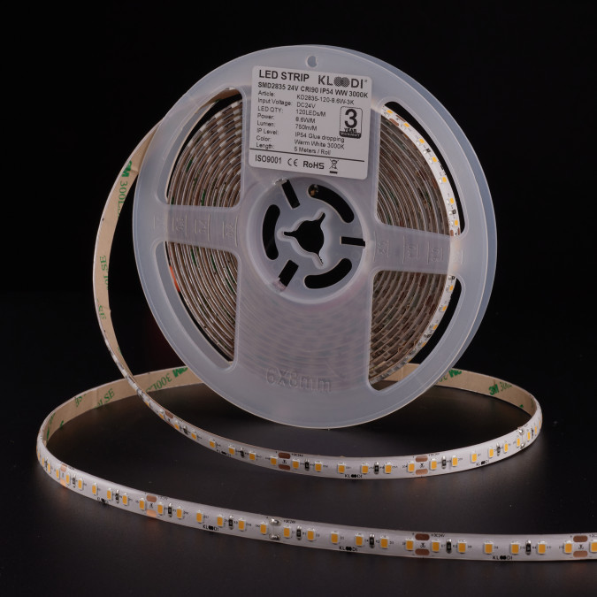 LED стрічка KLOODI KD2835-120-8.6W-3К-24V IP54 8.6W 120LED 3000K 745LM IP54 24V