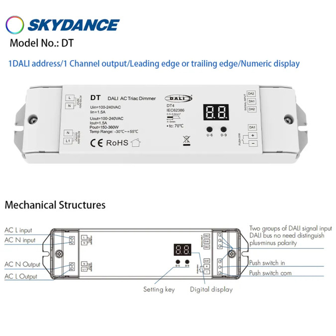 Дистанційний LED-контролер Skydance DT (DT4) 150-360W 100-240VAC Triac DALI Dimmer DT