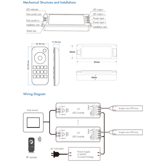 Комплект LED-контролер з пультом Skydance Set RT1+V1 8A*1CH