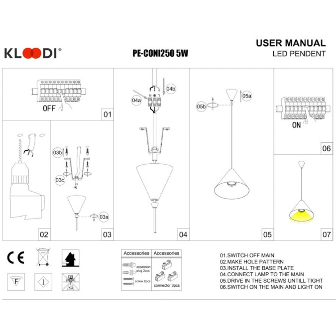 Світильник підвісний KLOODI DECO PE-CONI250 5W 3K WH