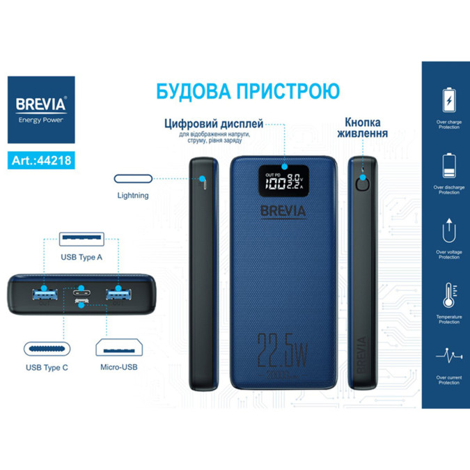 Павербанк Brevia 20000mAh 22.5W Li-Pol, синій