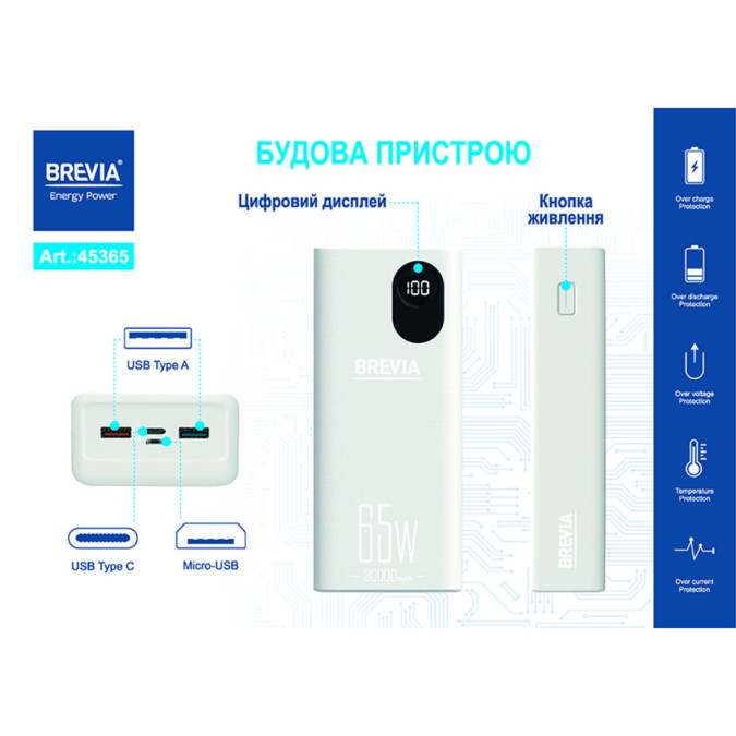 Павербанк Brevia 30000mAh 65W Li-Pol, білий