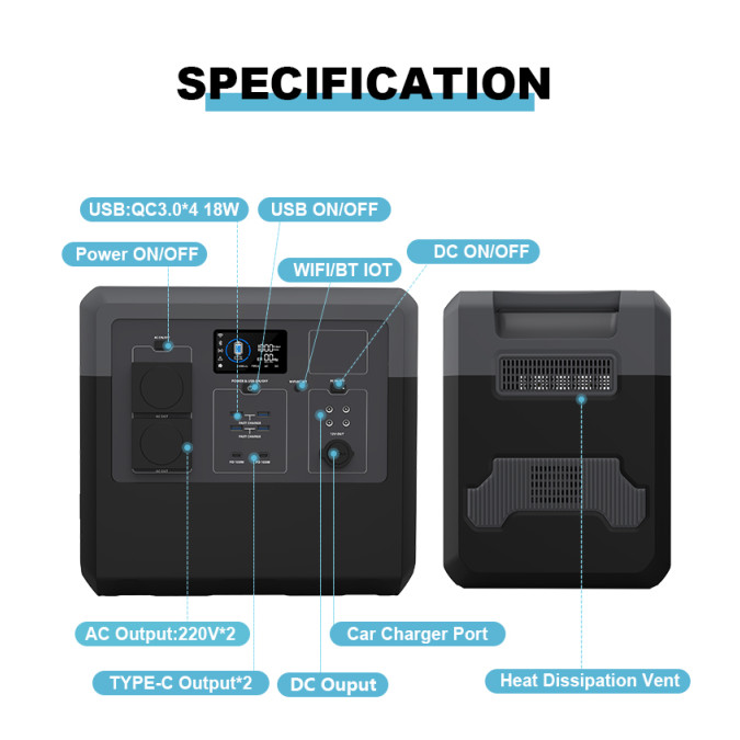 Портативна зарядна станція MARKSON BP2400 2400W 2560Wh 800000mAh LiFePO4, сіра