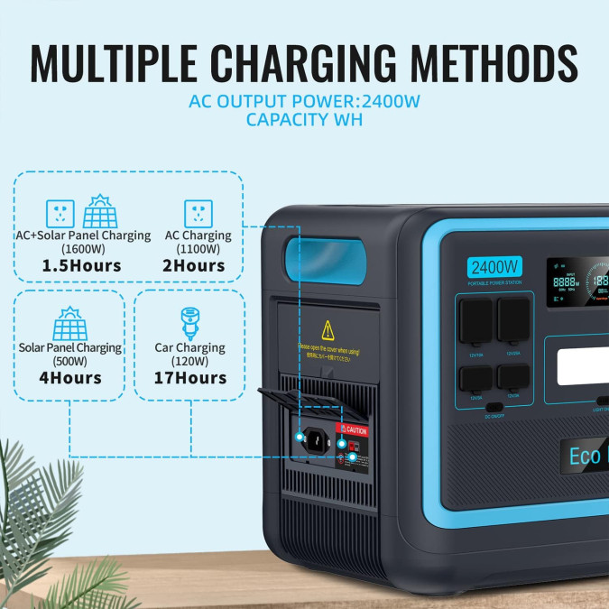 Портативна зарядна станція EcoPlay 2400W 2048WH 640000mAh LiFePO4, чорна/блакитна