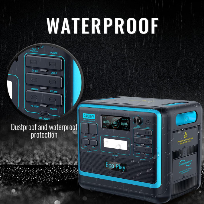 Портативна зарядна станція EcoPlay 2400W 2048WH 640000mAh LiFePO4, чорна/блакитна