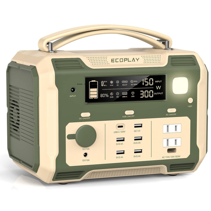 Портативна зарядна станція EcoPlay 501A 500W 484Wh 134400mAh Li-ion, пісочна/зелена