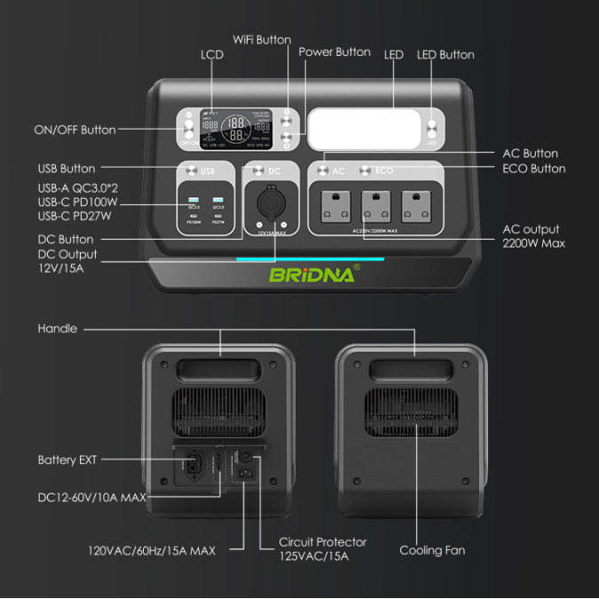 Портативна зарядна станція Bridna SGR-PPS2000-3 2200W 1720WH 537600mAh LiFePO4, чорна