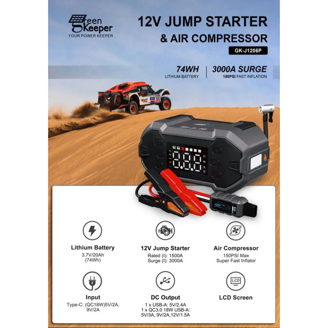 Пусковий зарядний пристрій Green Keeper GK-J1206P 3000A/20000mAh з компресором та ліхтариком