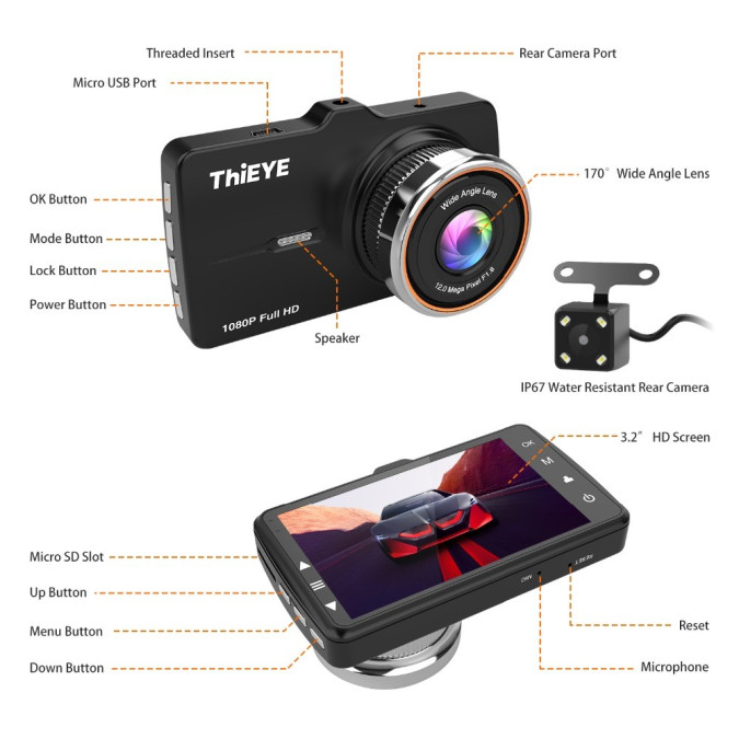 Автомобільний відеореєстратор ThiEYE Carbox 5R 1080P FULL HD з камерою заднього виду та картою пам’яті 32Gb