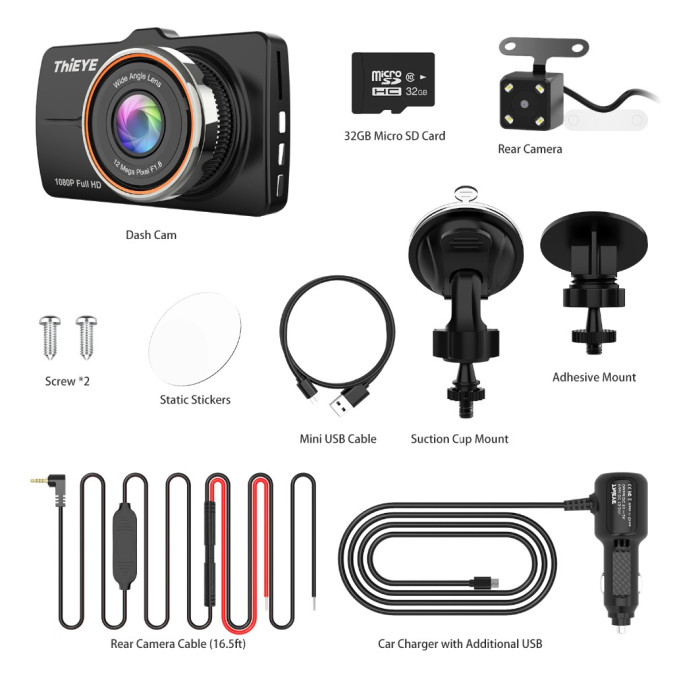 Автомобільний відеореєстратор ThiEYE Carbox 5R 1080P FULL HD з камерою заднього виду та картою пам’яті 32Gb